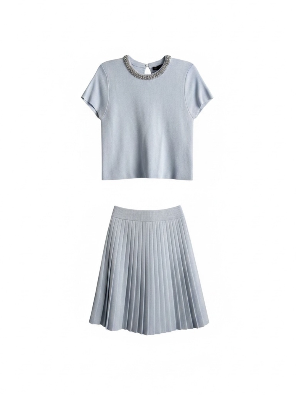 Zara Light Blue Pleated Skirt Set with Matching Top Sequined Neckline